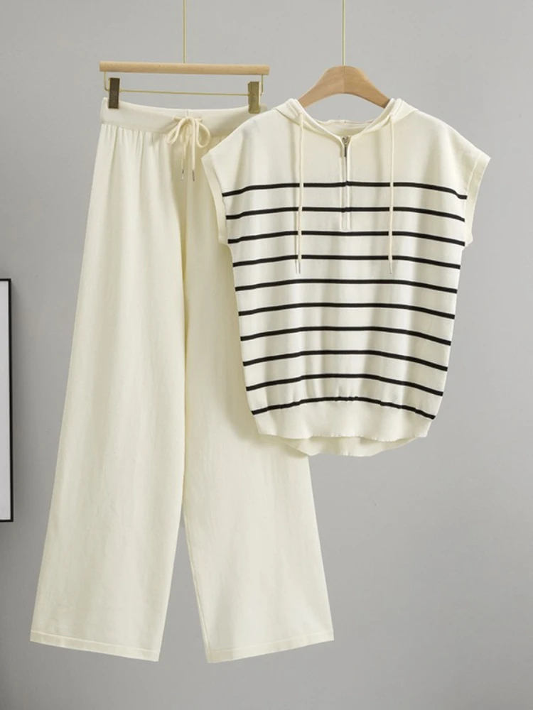 

Женский повседневный свободный пуловер в гонконгском стиле, полосатый топ с капюшоном, широкие брюки с высокой талией, летний комплект из двух предметов