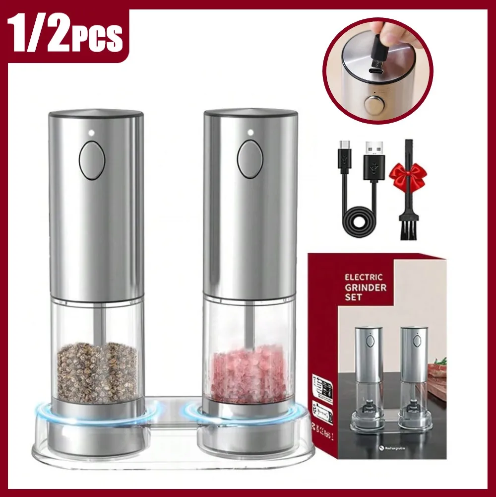 

1/2pcs Electric Automatic Sea Salt Pepper Grinder Set with Base Stainless Steel Pepper Mills Adjustable Coarseness Silver