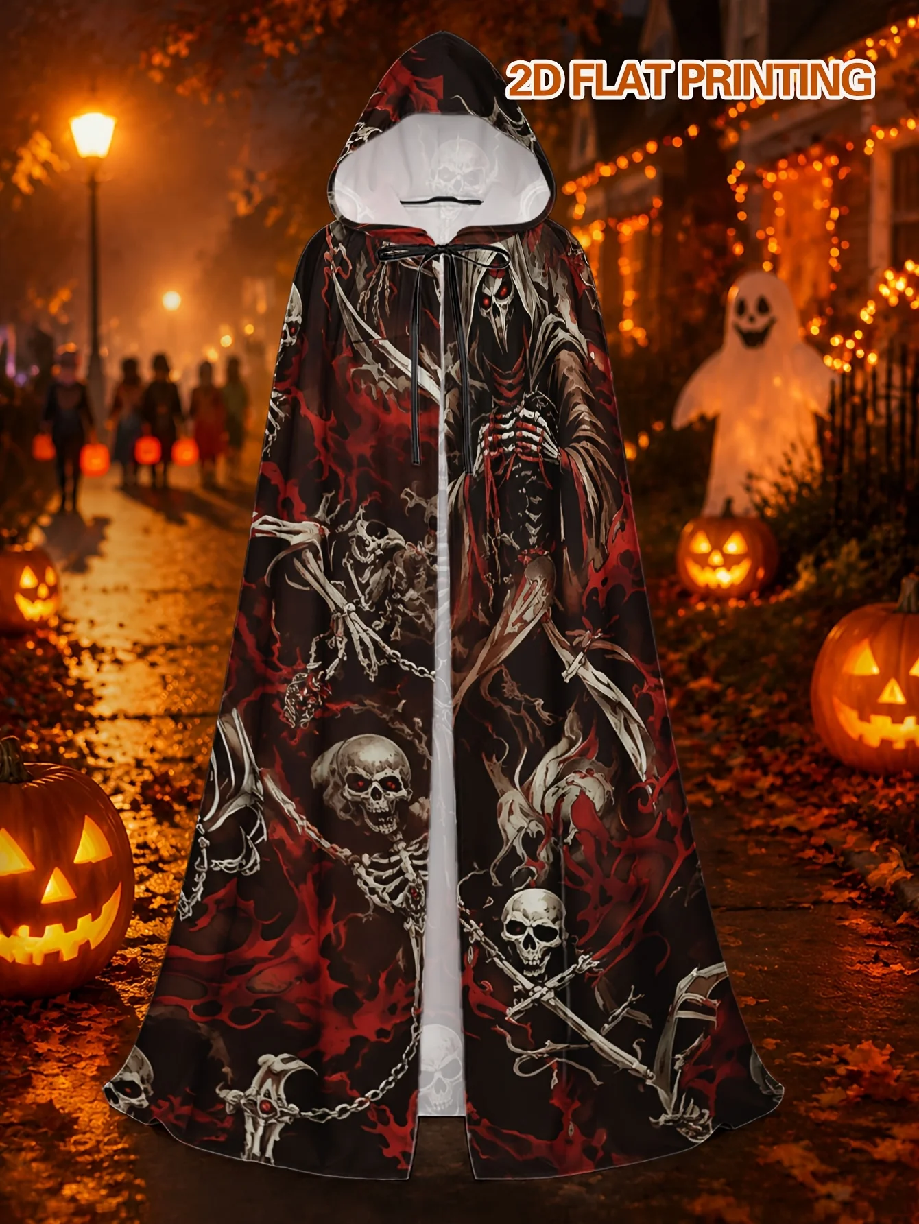 1pc, Unique Gothic Fiery Skeleton Horde Print Hooded Cape for Adults, Polyester Fabric Ideal for Halloween Scary Costume Parties