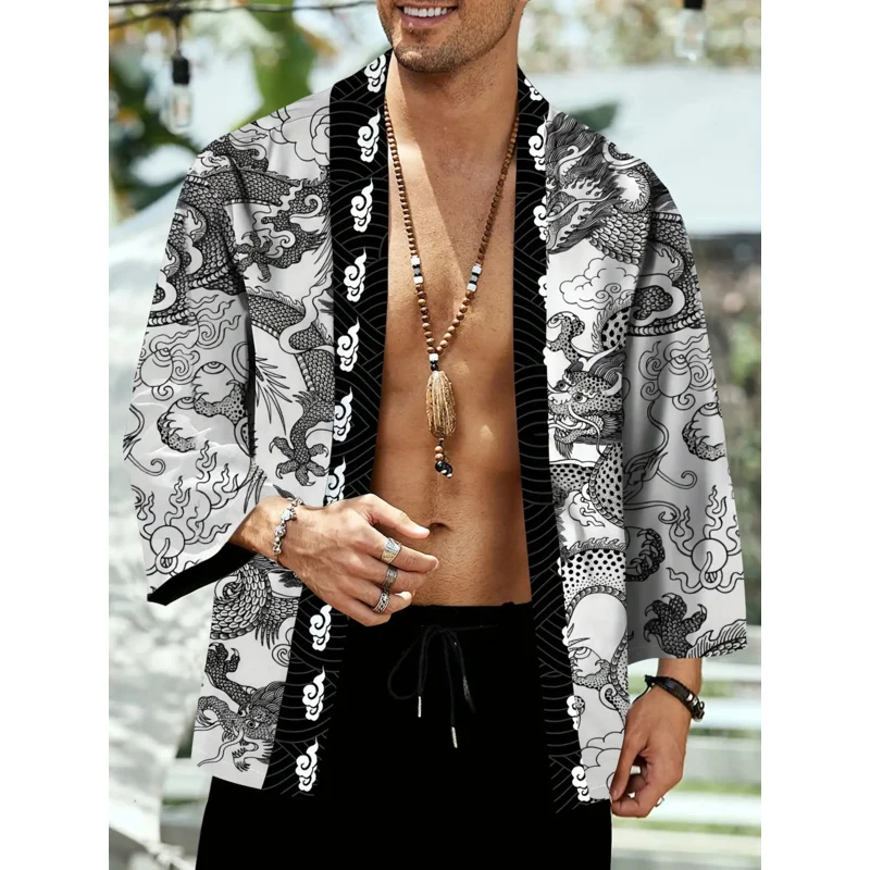 أزياء رجالية 3D التنين نمط طويلة الأكمام سترة الساموراي زي الرأس الياباني #2