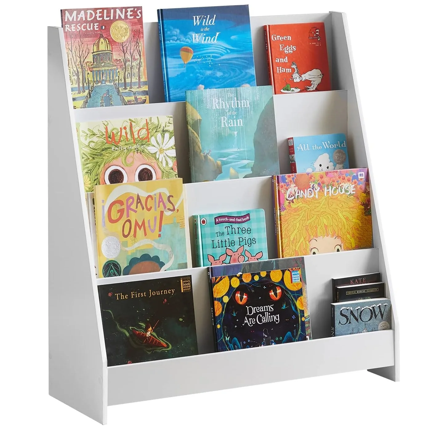 Estante infantil com 4 níveis e compartimento aberto, móvel de armazenamento infantil com vitrine frontal, 88x30x80cm, branco/cinza