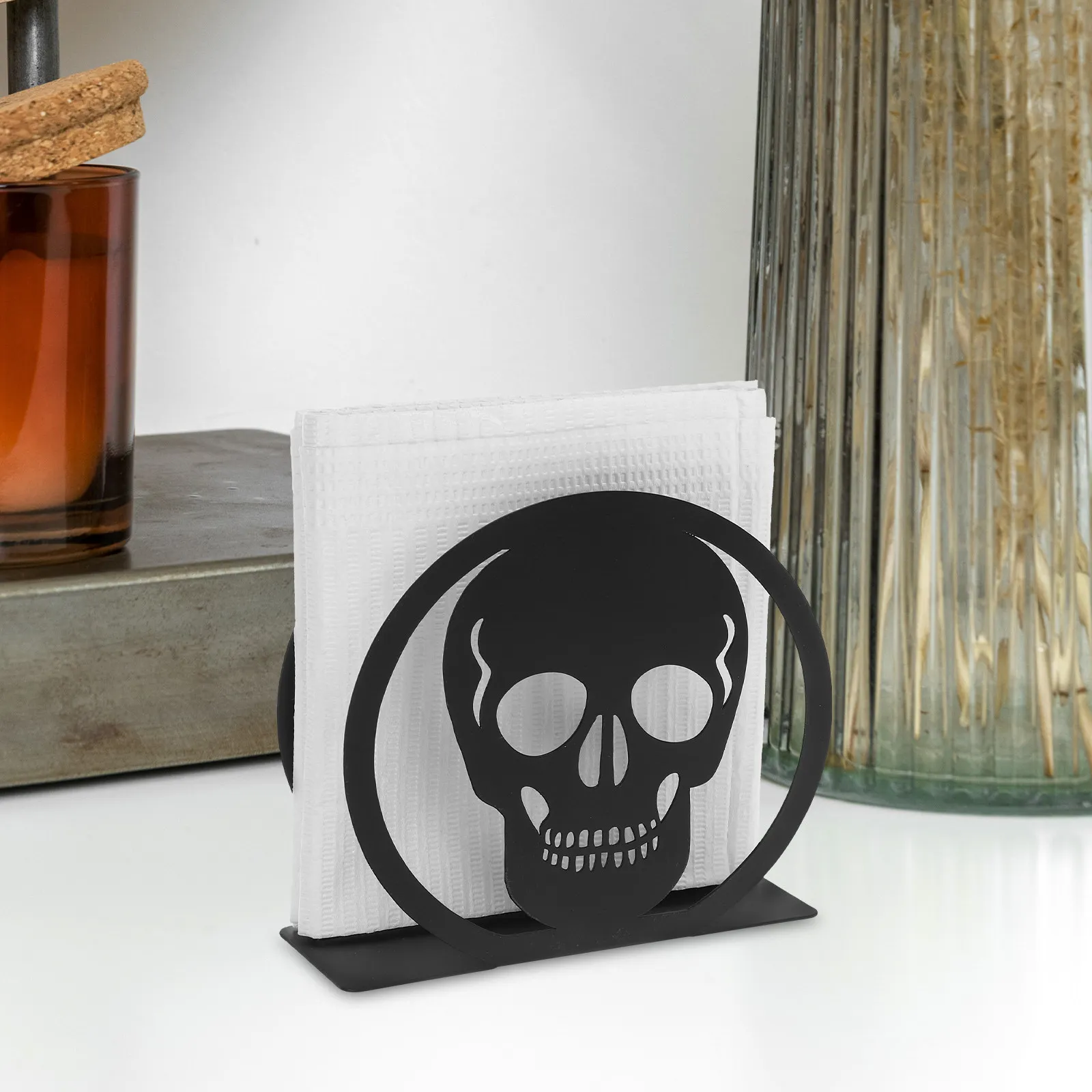 Black Metal Halloween Skull Napkin Holder Non Slip Feet Modern Kitchen Dining Table Decor Holiday Bar Party Accessory view 5