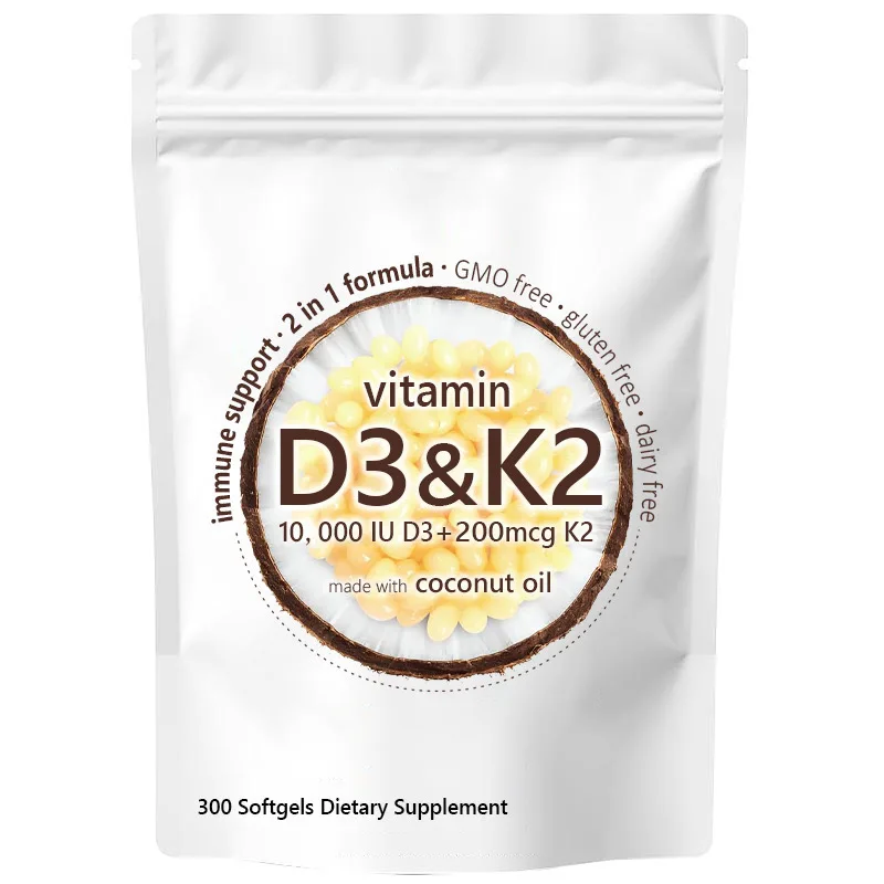 Vitamin D3 10000 iu Plus K2 (MK-7) 200 mcg, 300 kapsul lembut minyak kelapa primer | 2-in-1