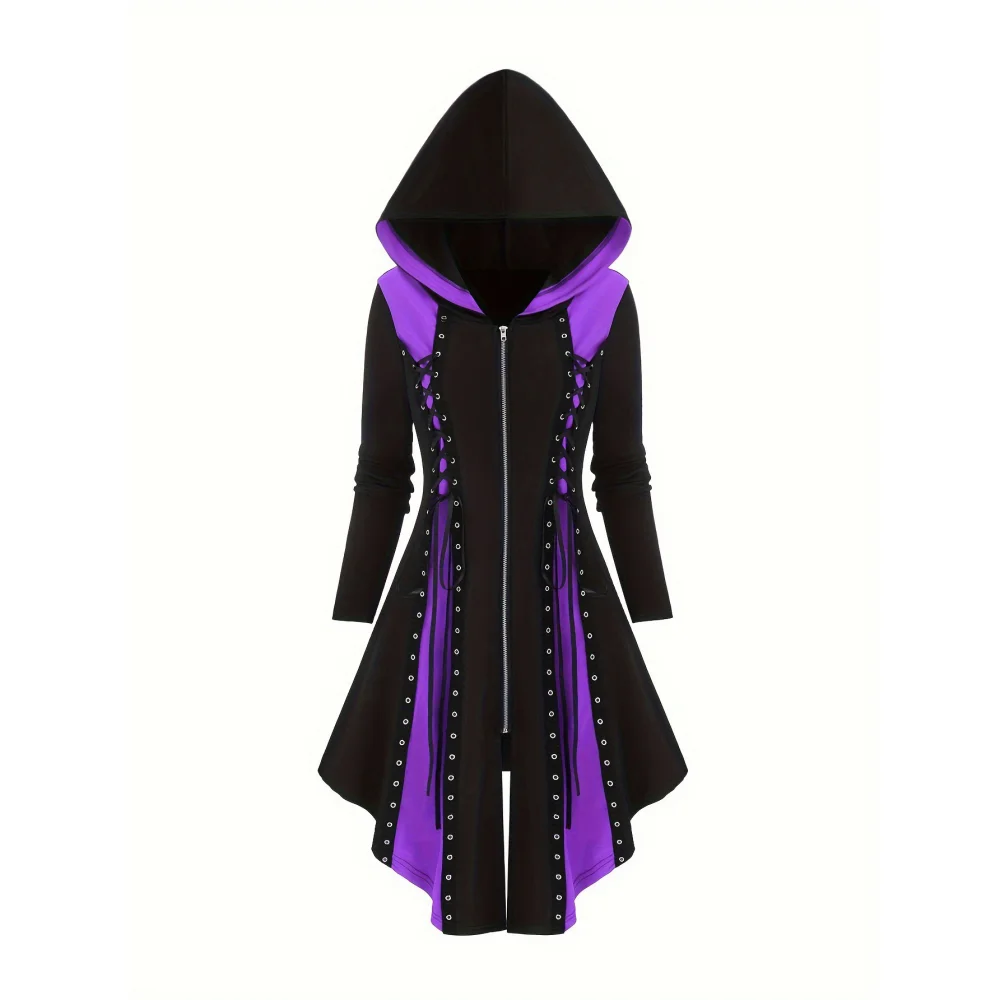2025 New Gothic Hooded Dresses Vintage Long Sleeve Lace-Up Zipper Patchwork Party Dress Halloween Costume Fancy Dress