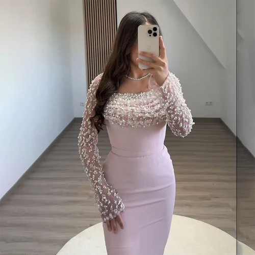Imagen 1 del producto Vestido de noche moderno personalizado con cuello cuadrado y cuentas de lentejuelas, vestidos de noche de manga larga para mujer, vestidos de fiesta formales rectos 2025