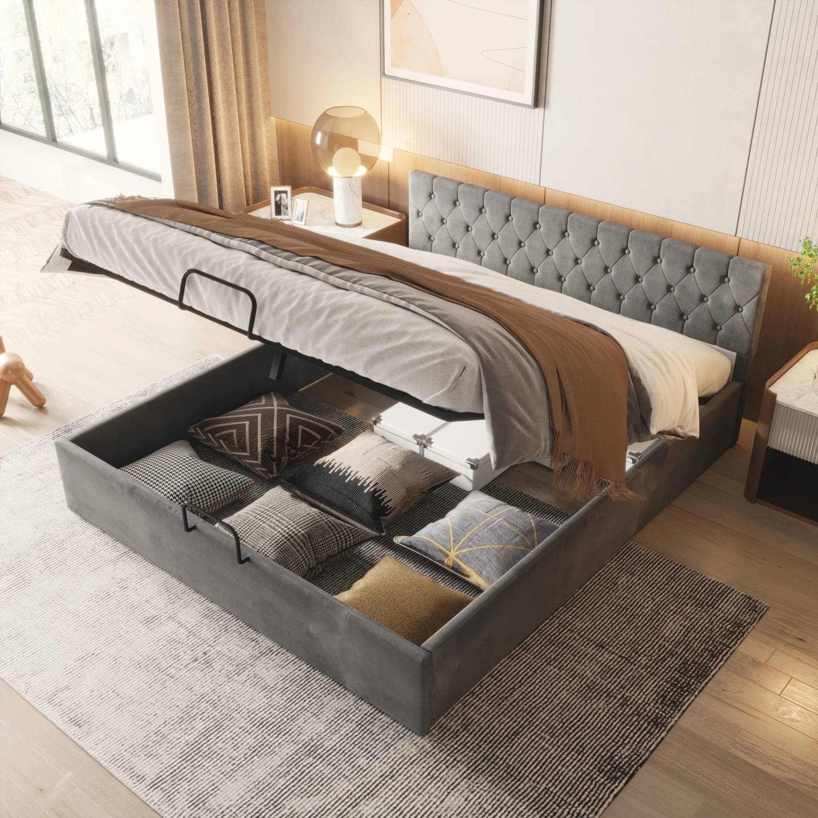 Upholstered Double bed 180x200cm,Slatted Frame ,Storage Space,velvet fabric,wooden base,Grey