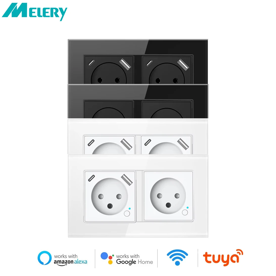 Melery Tuya WiFi Smart Dual Israel Wall Socket Power Plug Outlet USB Type-C PD 20W Fast Charge for Iphone Alexa Dot Google Home