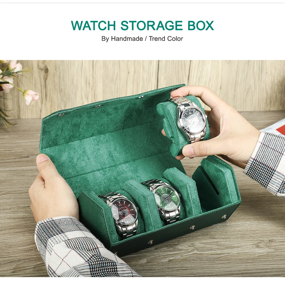 Hochwertige grüne Uhr Roll gehäuse Echt leder Uhr Reise tragbare Schmuck Aufbewahrung sbox Anti Drop wasserdichtes Saffiano Leder – Detail 10