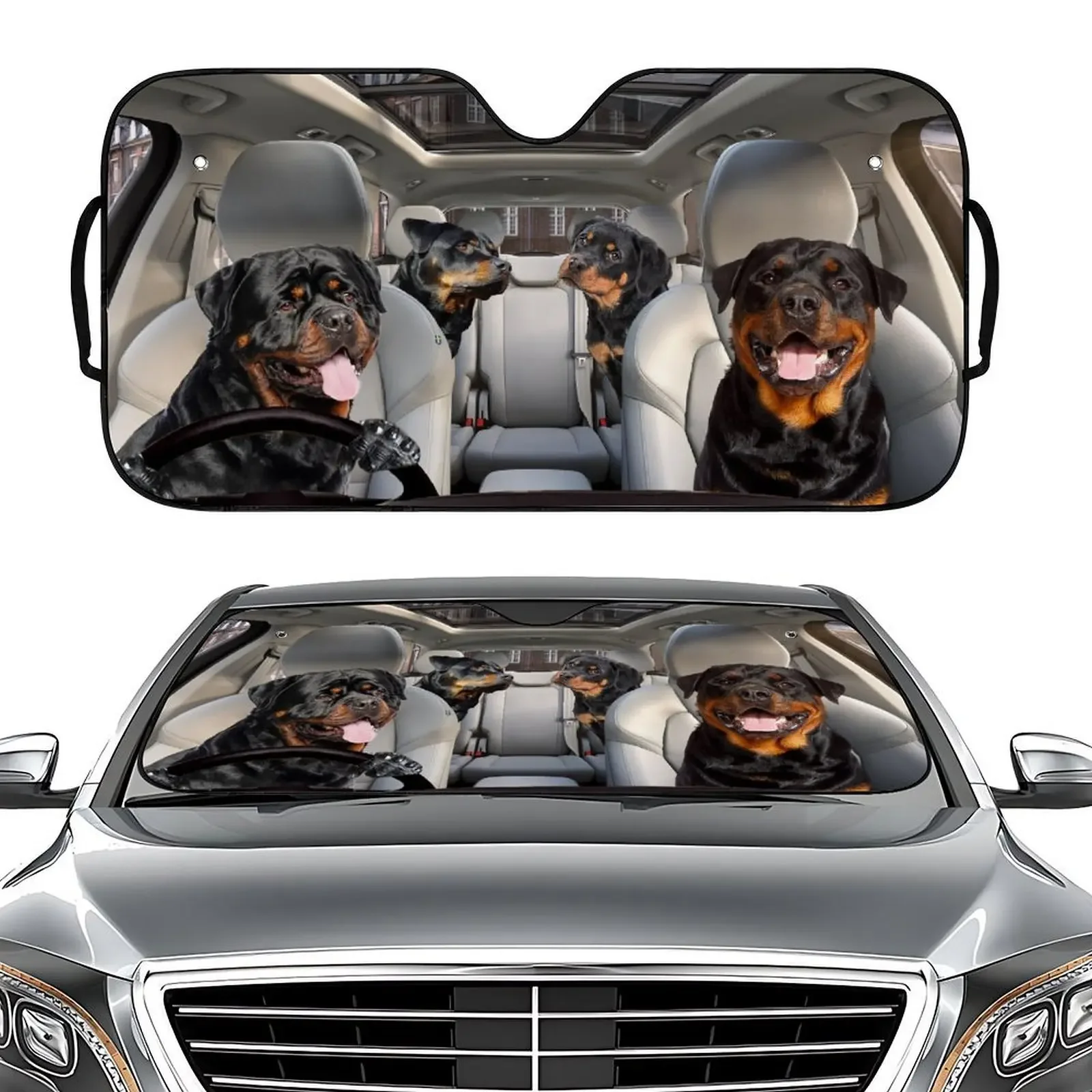 Hot Sale Rottweiler Black Dog Print Car Front Glass Sunscreen Sunshade Shade Car Accessories Windshield Sunshade Car Sun Shade