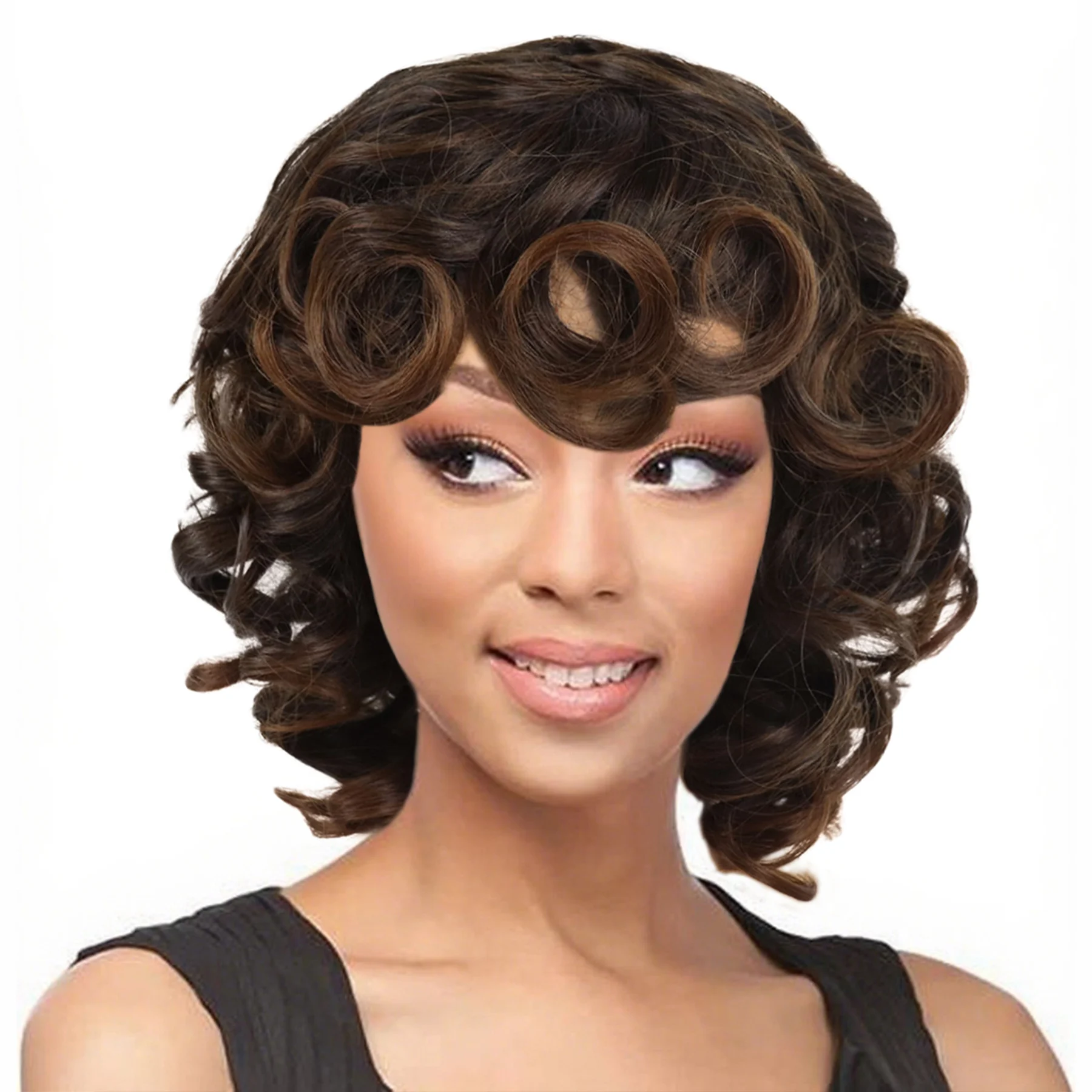 

Mixed Brown Wigs for Women Synthetic Curly Wig with Bangs Shoulder Length Wigs for Mother Highlights Brown Hair Afro Wig Daily