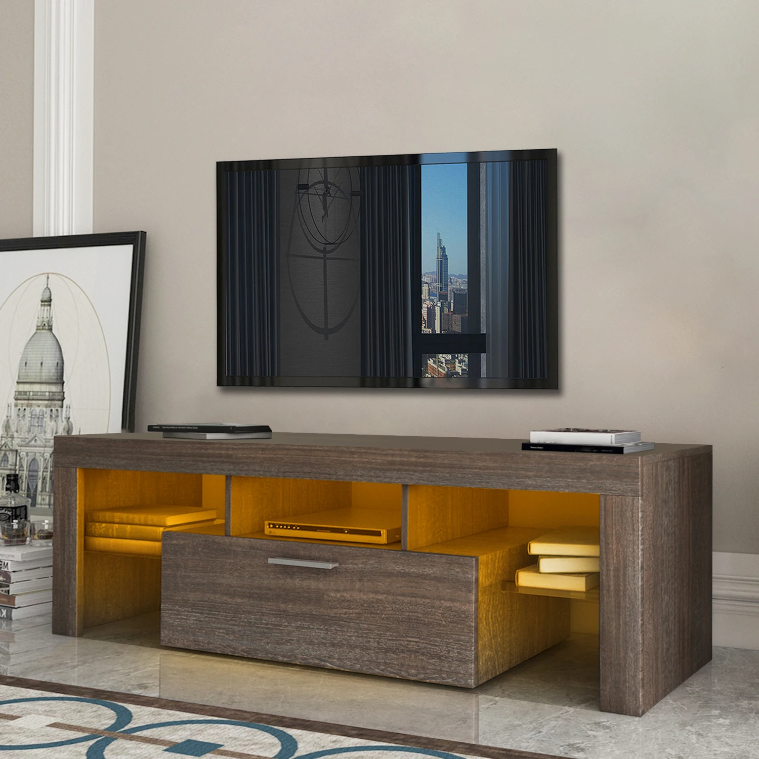 Soporte de TV moderno y sencillo de montaje rápido de 20 minutos, color marrón, con estante de vidrio templado, mueble de suelo, mueble de pared para TV, color marrón