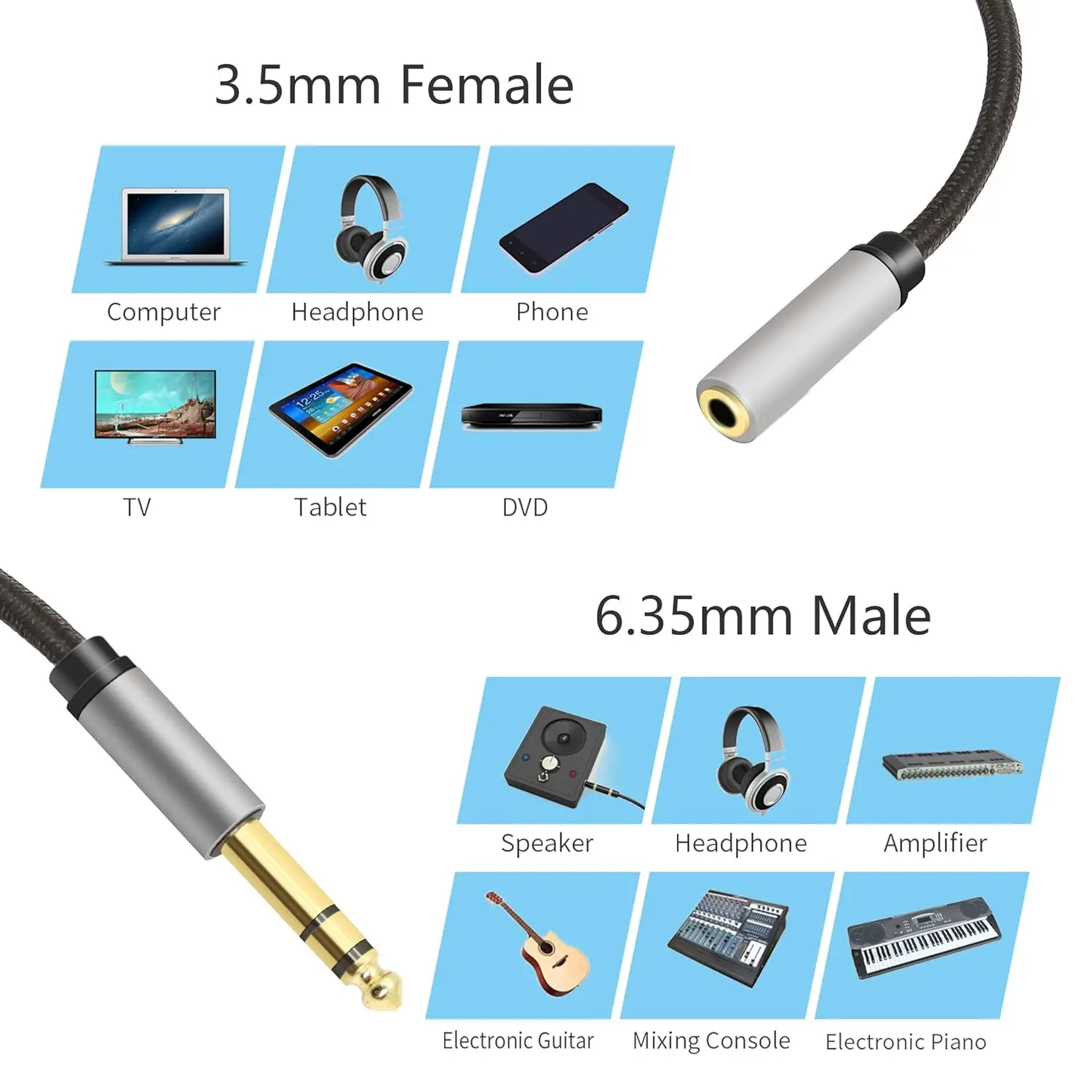 1/4 إلى 1/8 سماعة كابل TRS Aux الحبل 6.35 مللي متر ذكر إلى 3.5 مللي متر أنثى مقبس استريو محول الصوت ل مكبر للصوت الغيتار المسرح المنزلي