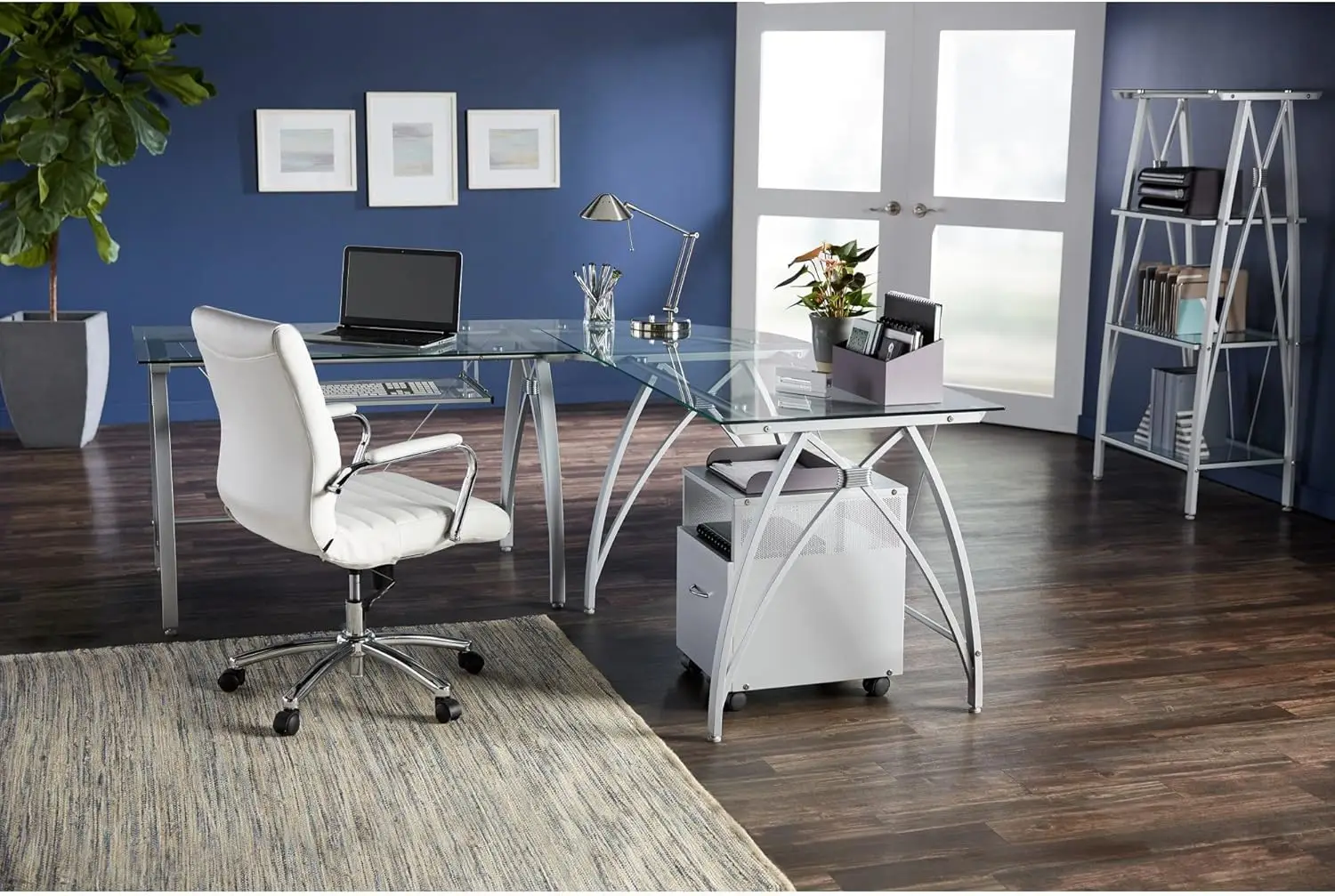 Realspace® Vista Glass 76"W L-Shape Corner Desk, Silver