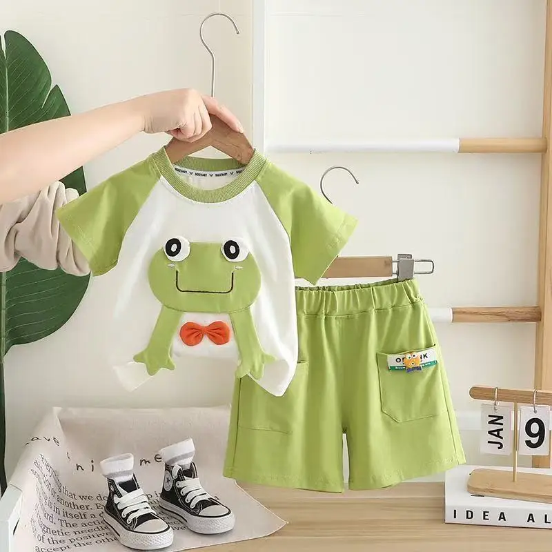 

Boys' Summer Set 2025 New Children's Pure Cotton T-shirt Baby Cartoon Short sleeved Top Shorts Two piece Set Trendy