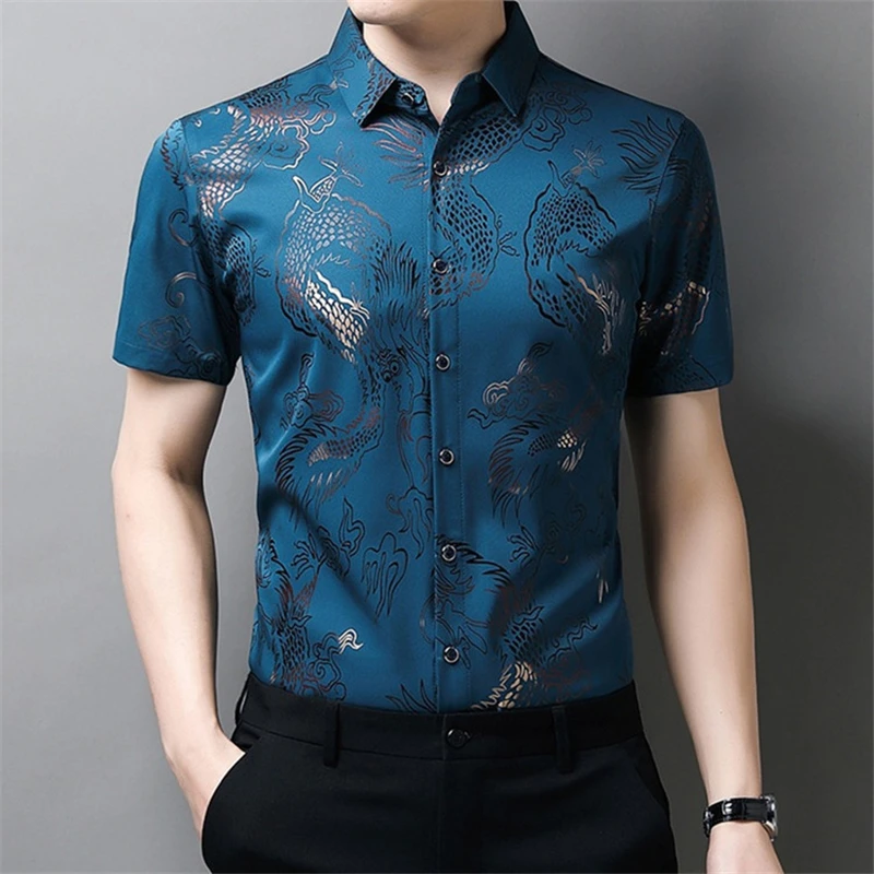 Men Vintage Chinese Style Dragon Print Short Sleeve Button Shirts 2023 Summer Fashion Business Casual Slim Tops Y2K Ropa Hombre