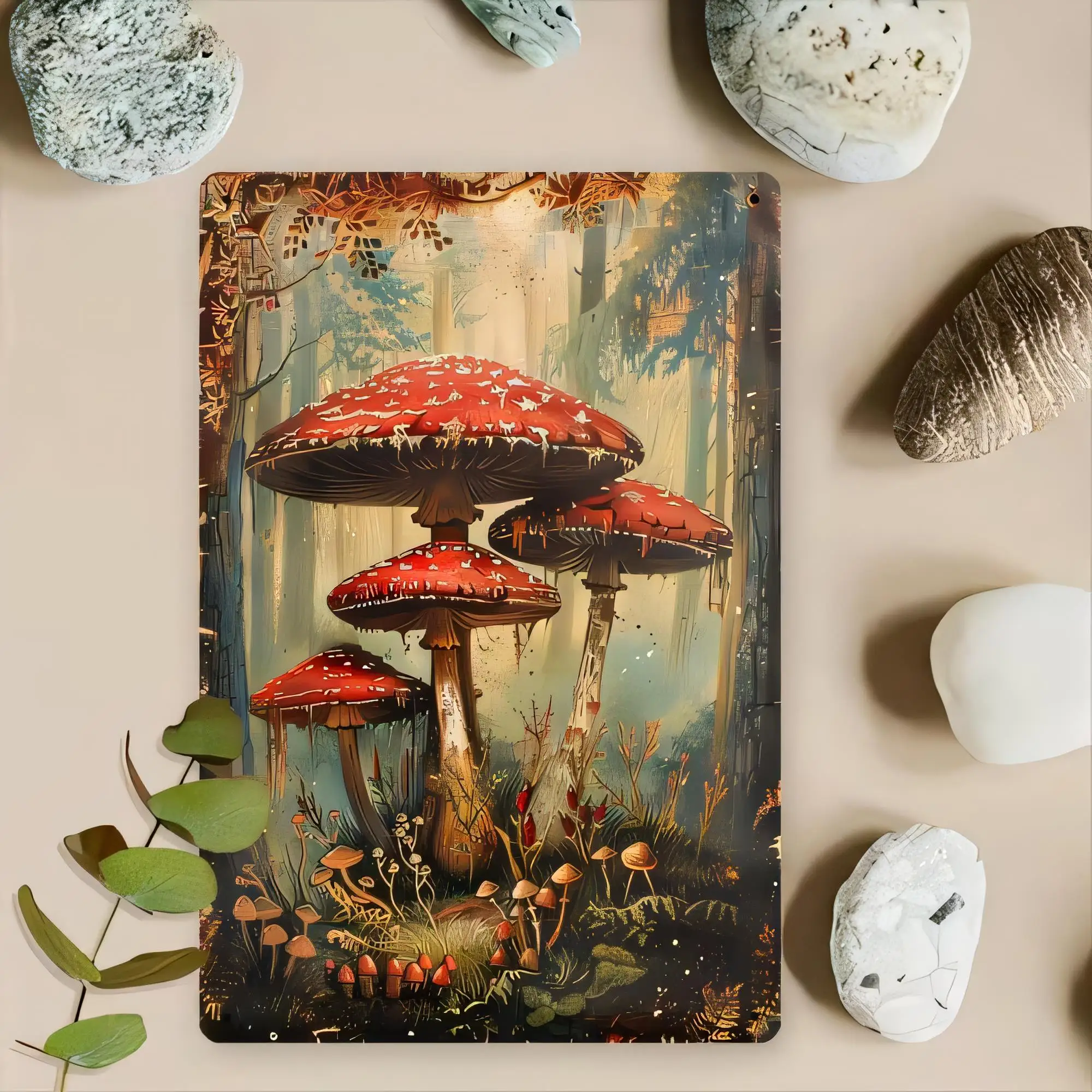 Tin Sign, Mushroom Forest Wall Art Vintage Metal Plaque Autumn Fungi Pattern Retro Cabin Decor for Home Bar Kitchen Bedroom Offi