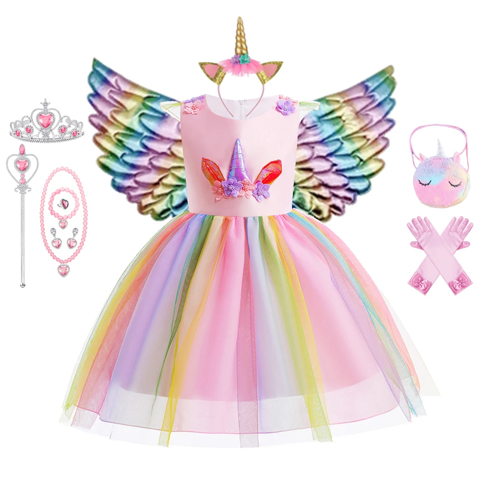 

Kids Unicorn Dress for Girls Party Dresses Flower Appliques Ball Gown Little Girl Princess Costumes Summer Children Dresses