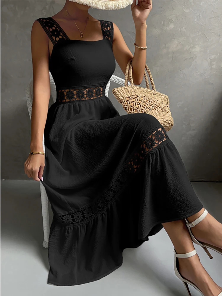 Boho White Dress Women Sexy Midi Dress Female Hollow Out Elegant Off Shoulder Beach Dress Ladies Fashion Square Collar Dress