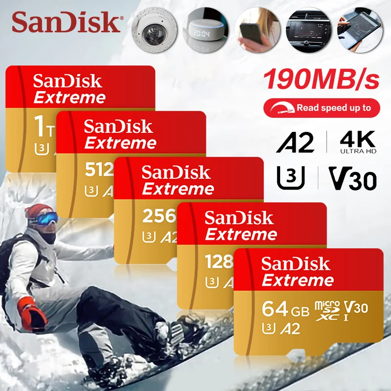 بطاقة ذاكرة أصلية من SanDisk Extreme V30 4K بطاقة كاميرا فيديو 32 جيجابايت 64 جيجابايت 128 جيجابايت 256 جيجابايت A2 C10 U3 بطاقة فلاش Microsd TF