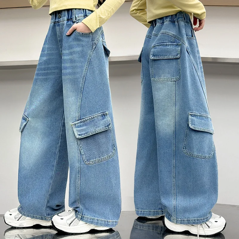 Cargo-Jeans für Mädchen 2026 Design Streetwear Frühling Locker Lässig Elastischer Bund Teenager Kinder Weite Hosen Kinderhosen