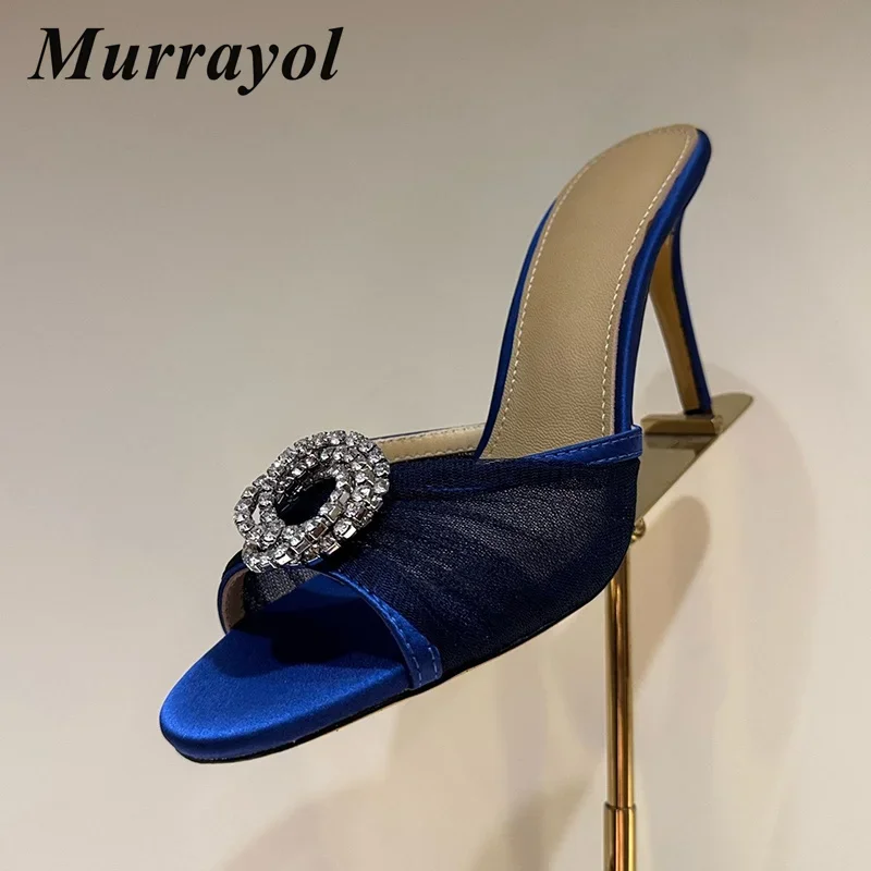 Slippers Runway Shiny Rhinestone Mesh Thin High Heels Women Open Toe Lazyman Sandals Ladies Summer Fashion Party Dress Shoes