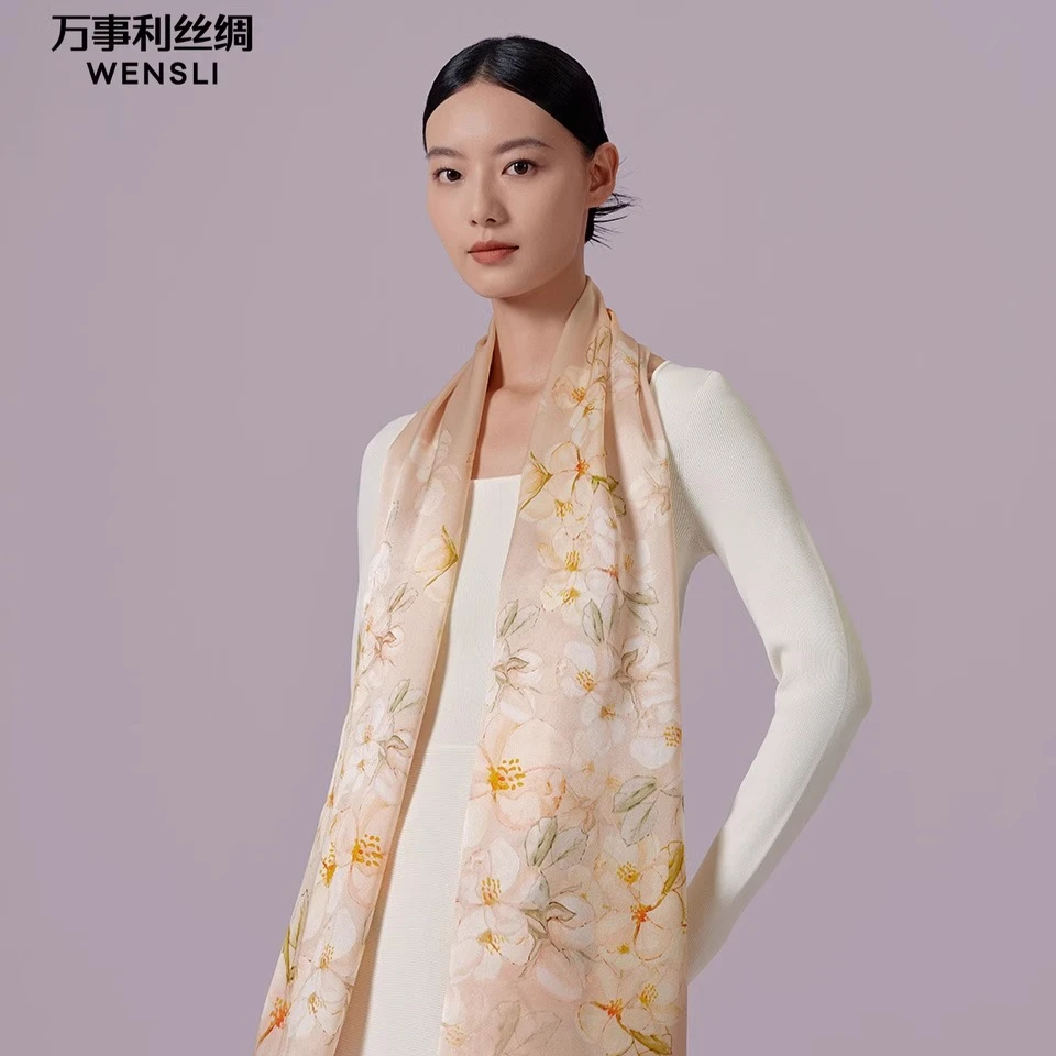 

Wensli New Arrival 100% Mulberry Silk Silk Scarf Women's Shawl Holiday Gift Double-Sided Print Long Scarf