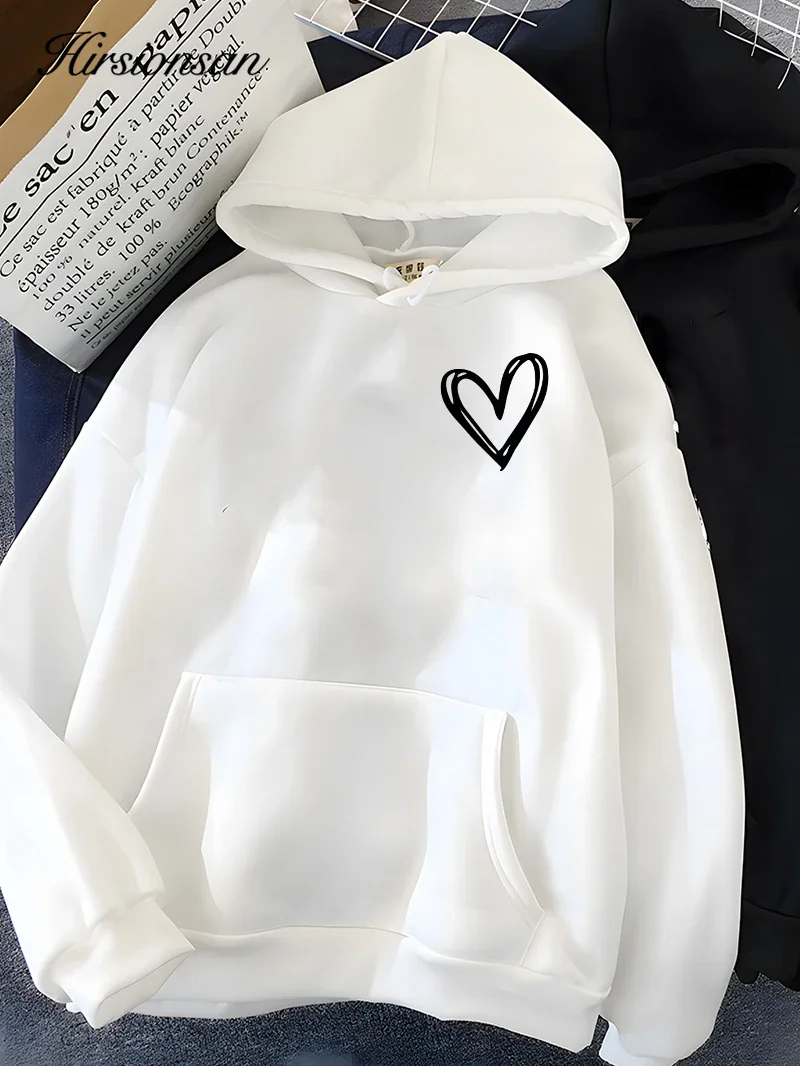 Women Sweatshirt Simplic Heart Print Couple outfit Soft Casual Loose Female Hoodies Autumn Winter Warm Fleece Student Tops