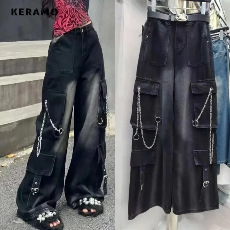 PB&ZA Casual Retro Wide Leg Baggy Emo Denim Hose Harajuku Kette Design Hohe Taille Lose Jeans Damen Y2K Grunge Pocket Hose