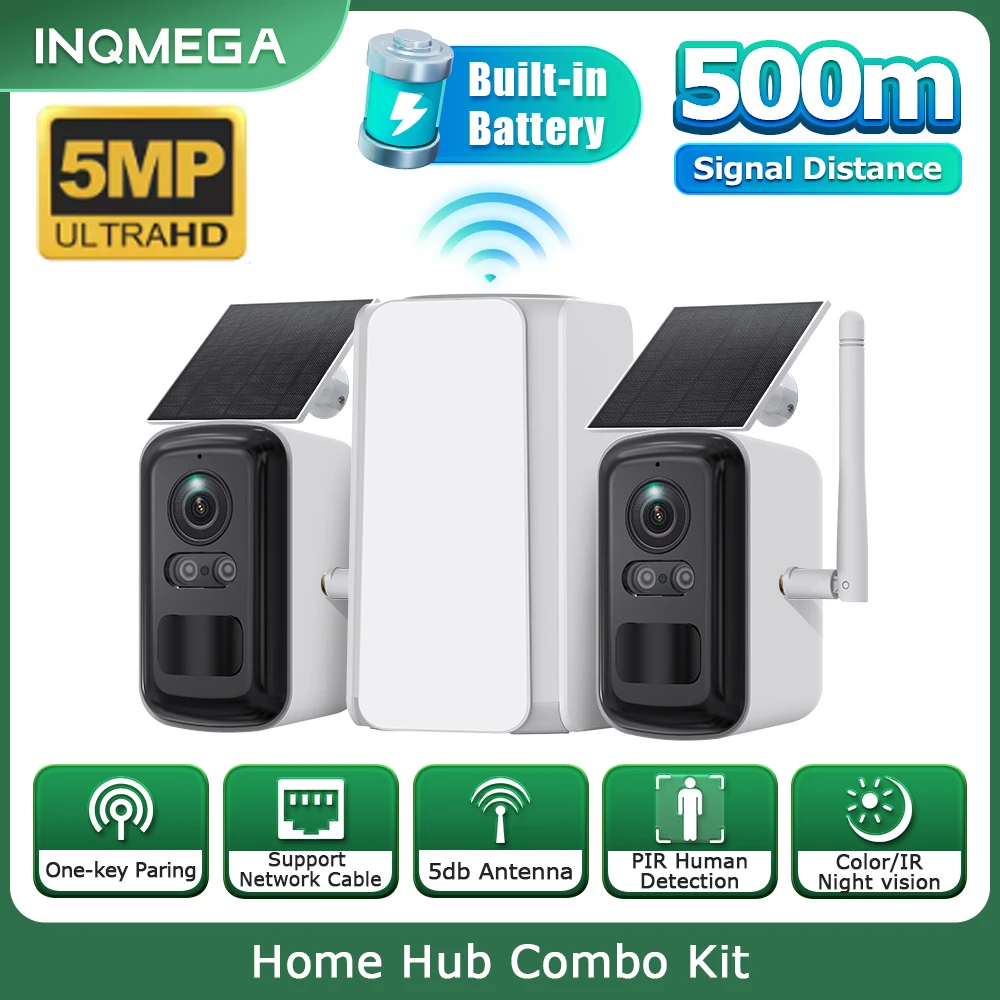 INQMEGA 5MP Solar Camera Security home hub System 4 Cams Kit Outdoor WiFi Wireless Battery Camera Zero Fees Always Free 500M