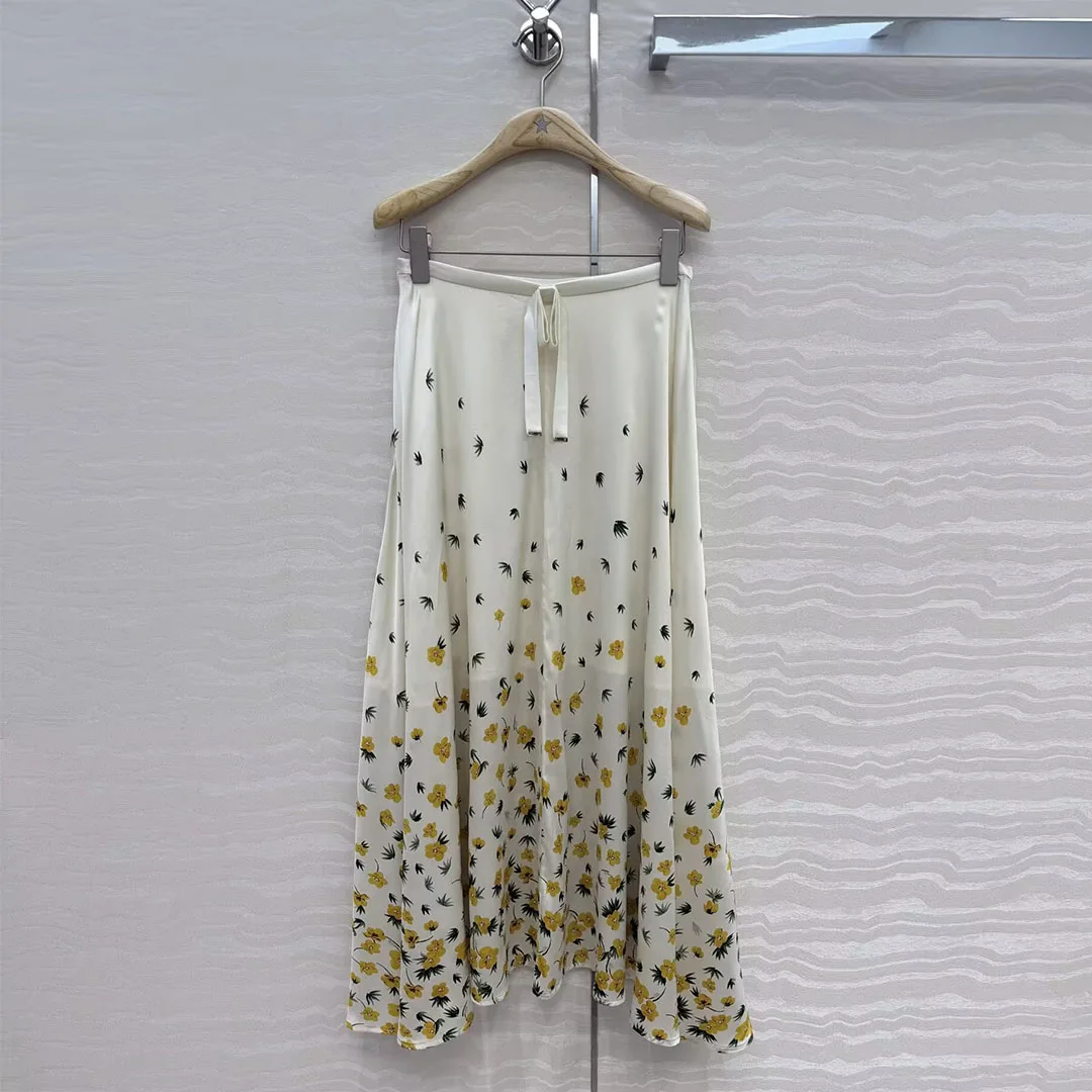 Top Quality A-line Loose 91% Silk Satin Long Skirts Women New Summer Floral Print Pattern High Waist Sweet Elegant Skirt