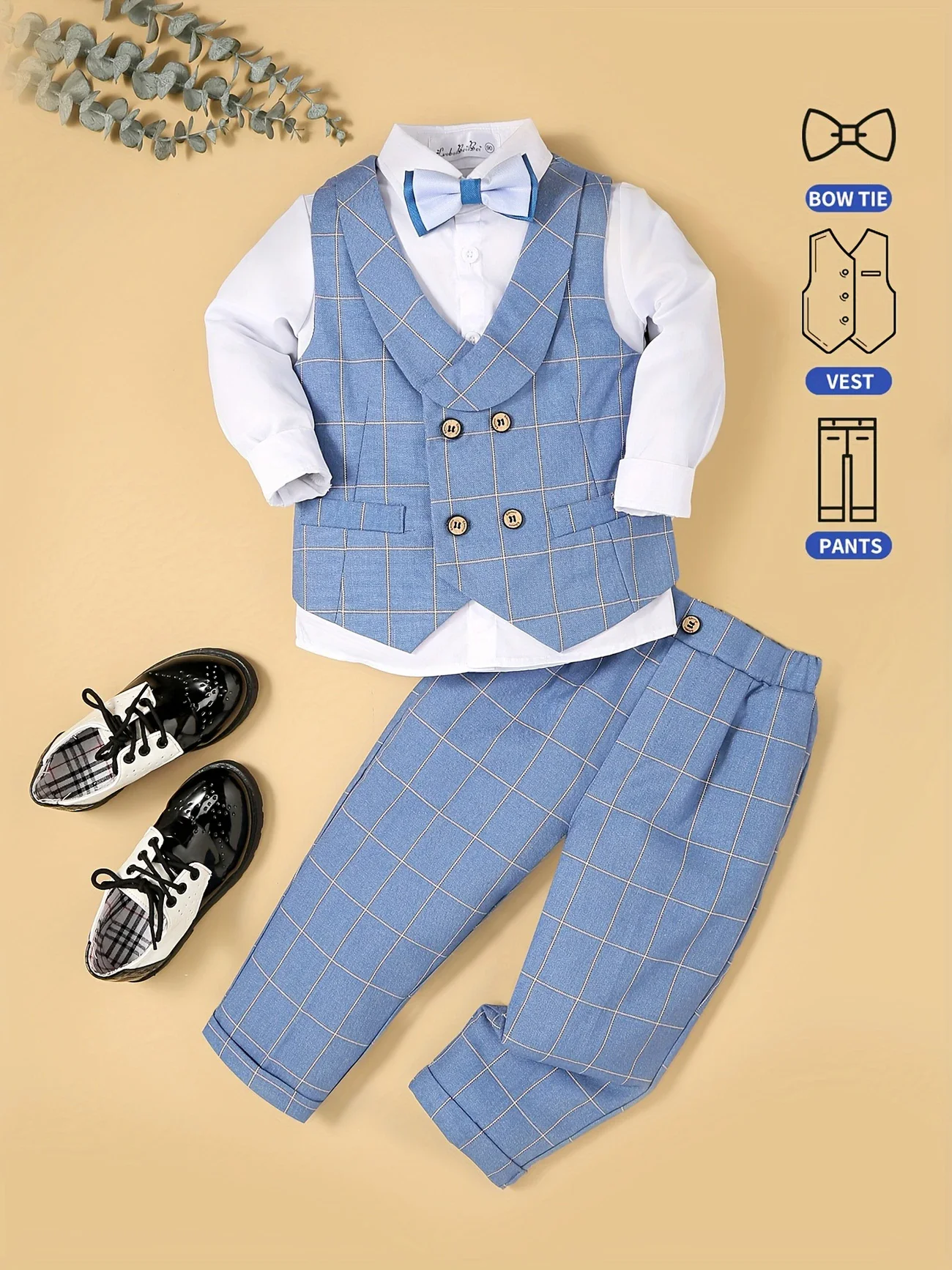 Gentleman Boys Vest Pants Bowtie 3Pieces Wedding Birthday Party Dress Kids Formal Blue Plaid Photography Outfit Suit