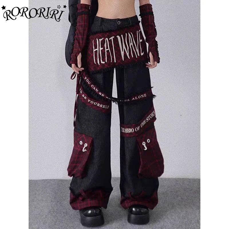 RORORIRI Women Embroidered Tags Cargo Jeans Big Pockets Frayed Plaid Stitch Loose Wide Leg Denim Pants Vintage Grunge Streetwear