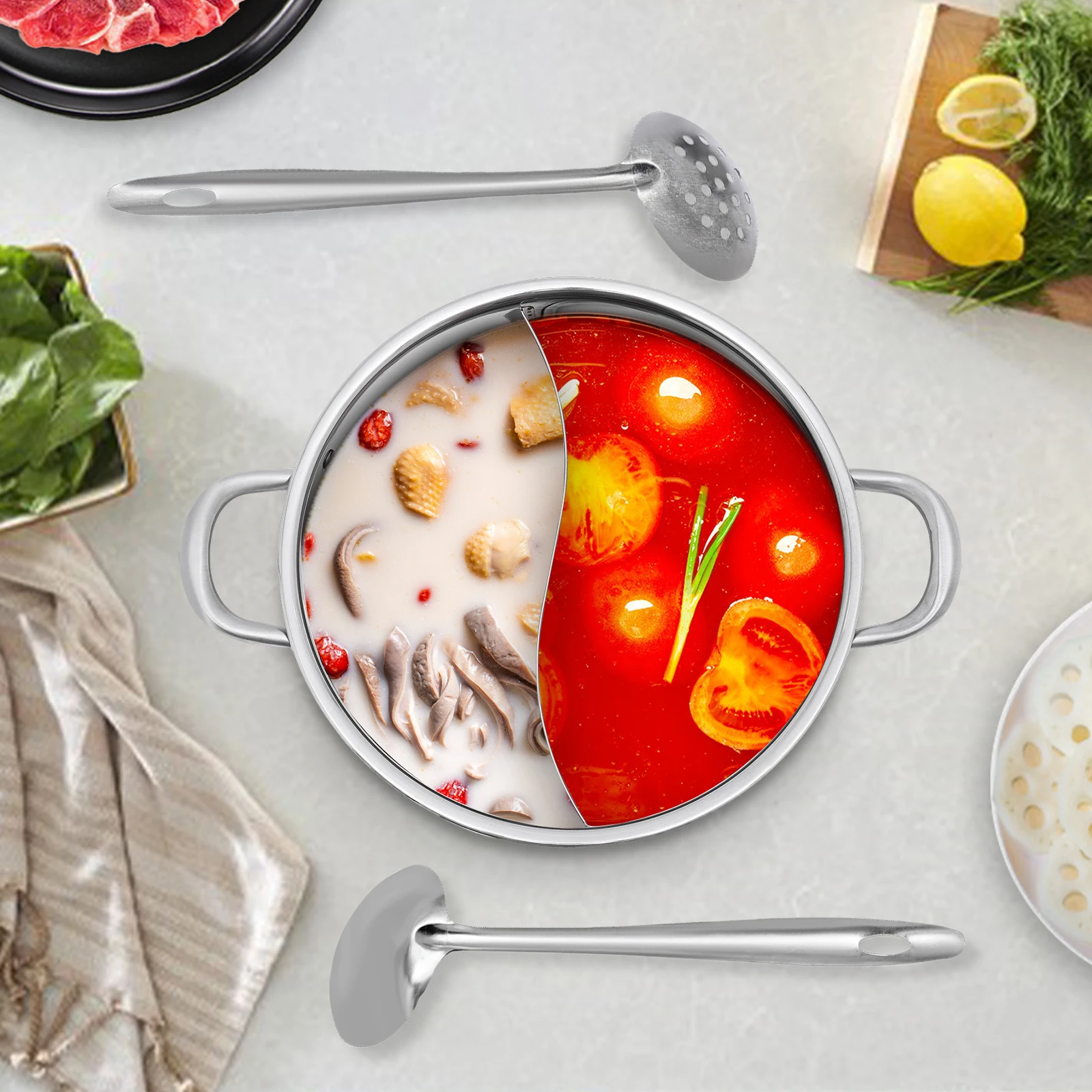 

Stainless Steel Hot Pot with Divider, Pot with Glass Lid, Hot Pot with Spoon/ Leaky Spoon