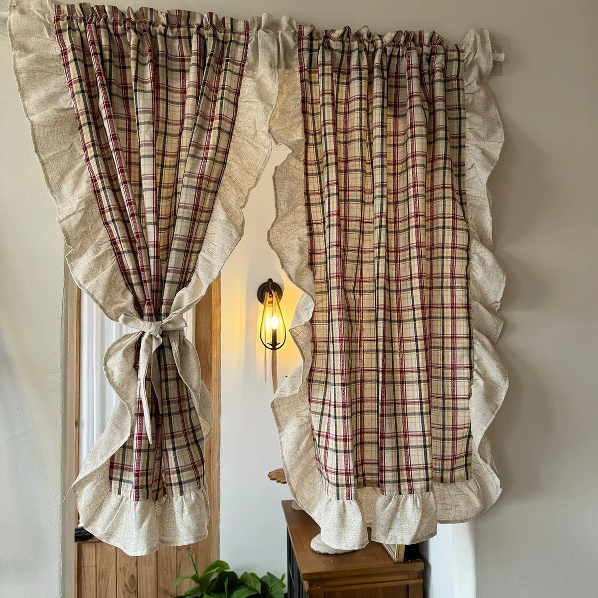 American Pastoral Style Checkered Pattern Ruffle Curtain Enclosure Kitchen Door Curtains Cafe Living Room Window Kitchen Decor