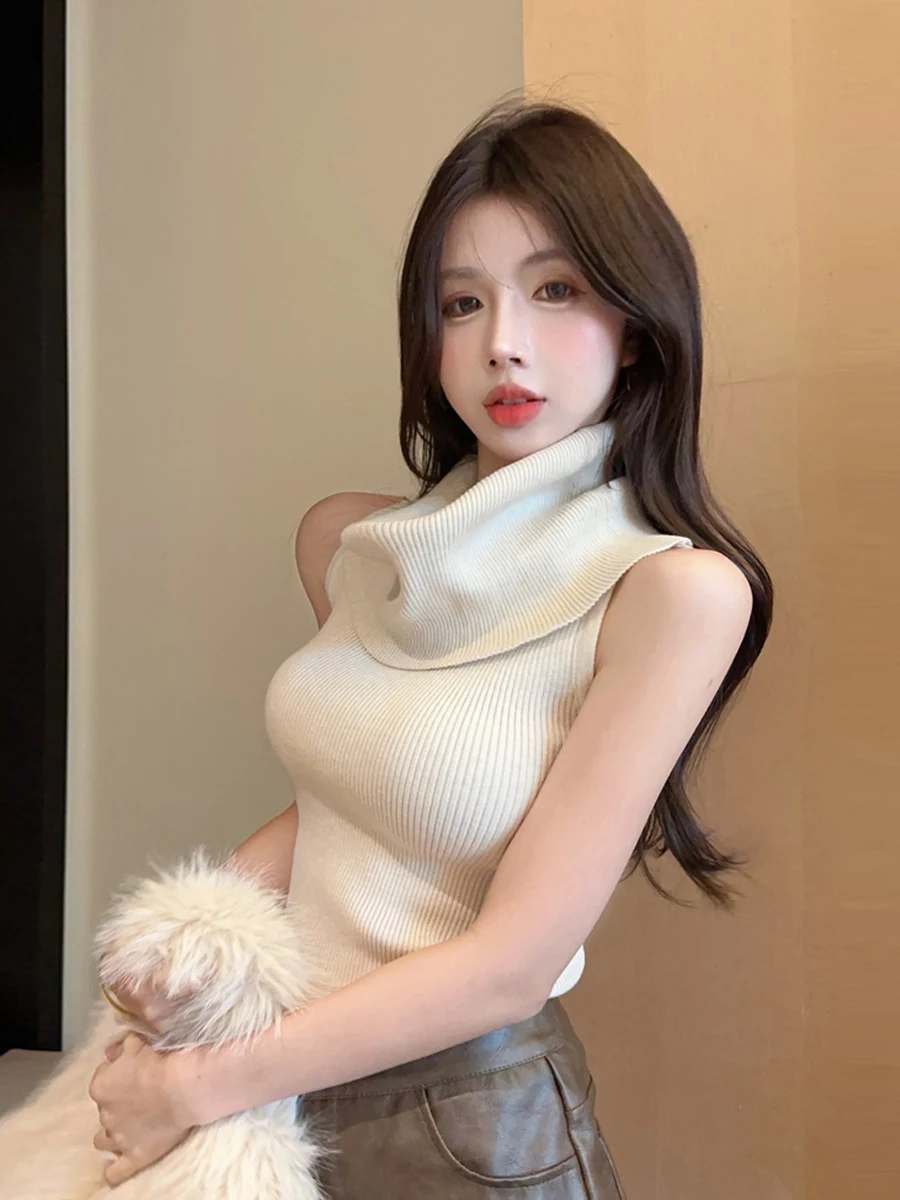 Fashionable Shoulder-baring Sleeveless Vest Women's Casual Style Regular Fit Soft Medium Autumn Winter High Neck Top