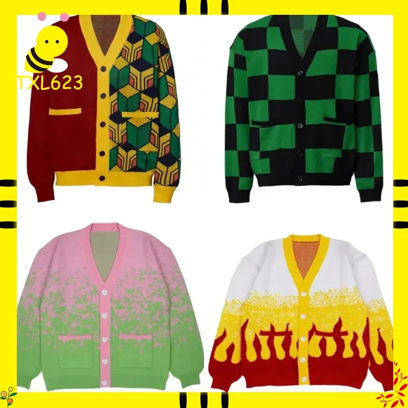 Demon Slayer Tanjirou-suéter de punto Unisex con cuello en V, disfraz de Cosplay, cárdigan cálido, chaqueta de Anime de Halloween para todas las edades