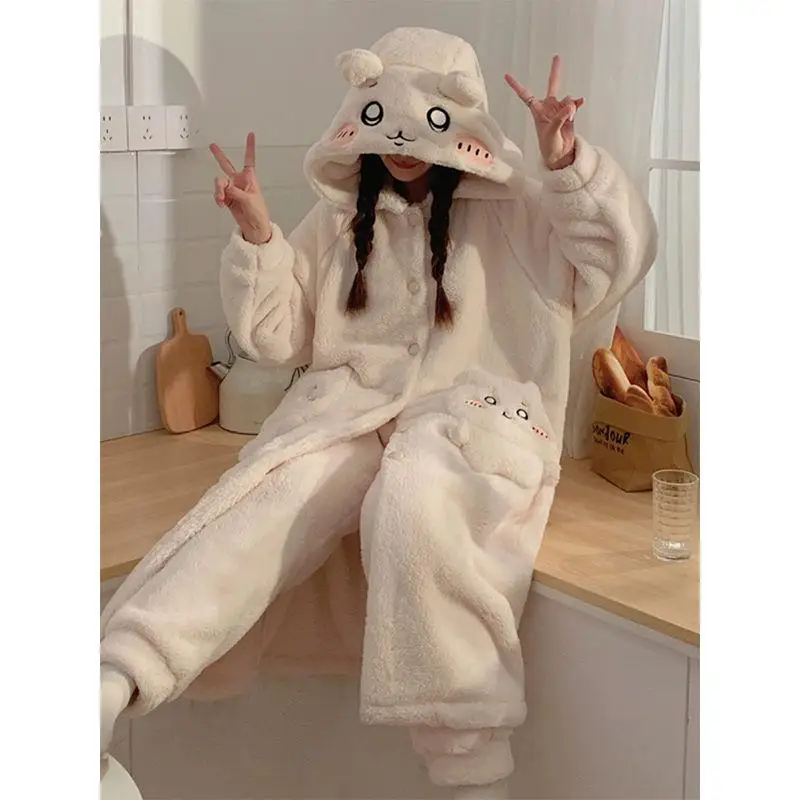 Miniso Girl Coral Fleece Thickening Hooded Trousers Robe Suit Winter Kawaii Chiikawa Comic Keep Warm Pajamas Home Clothes New