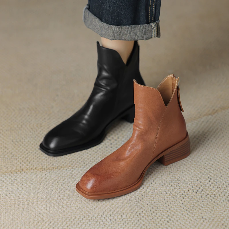 2024 Genuine Leather Short Boots Autumn/Winter Women Shoes Chunky Heel Women Boots Retro Ankle Boots Handmade Leather Boots