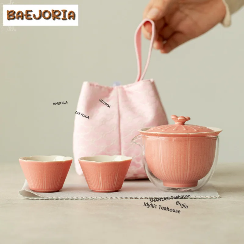 

High-end Pink Ceramic Cover Bowl Travel Tea Set Boutique 1 Bowl 2 Cups Household Tea Maker Organizer Portable Camping Handbags