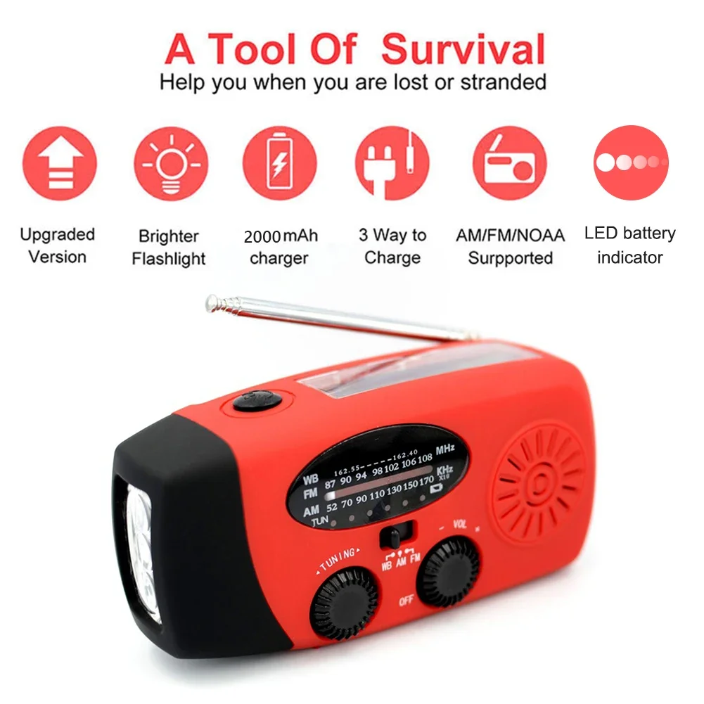 2000mah Multifunctional Portable Radio Hand Crank Solar Usb Charging Fm Am Wb Noaa Weather Radio Emergency Led Flashlight Torch