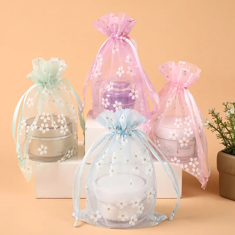 10pcs/Lot New Organza Wedding Party Candy Packing Jewelry Bag Drawstring Pouches Printed Flowers Gift Bags 10x14cm