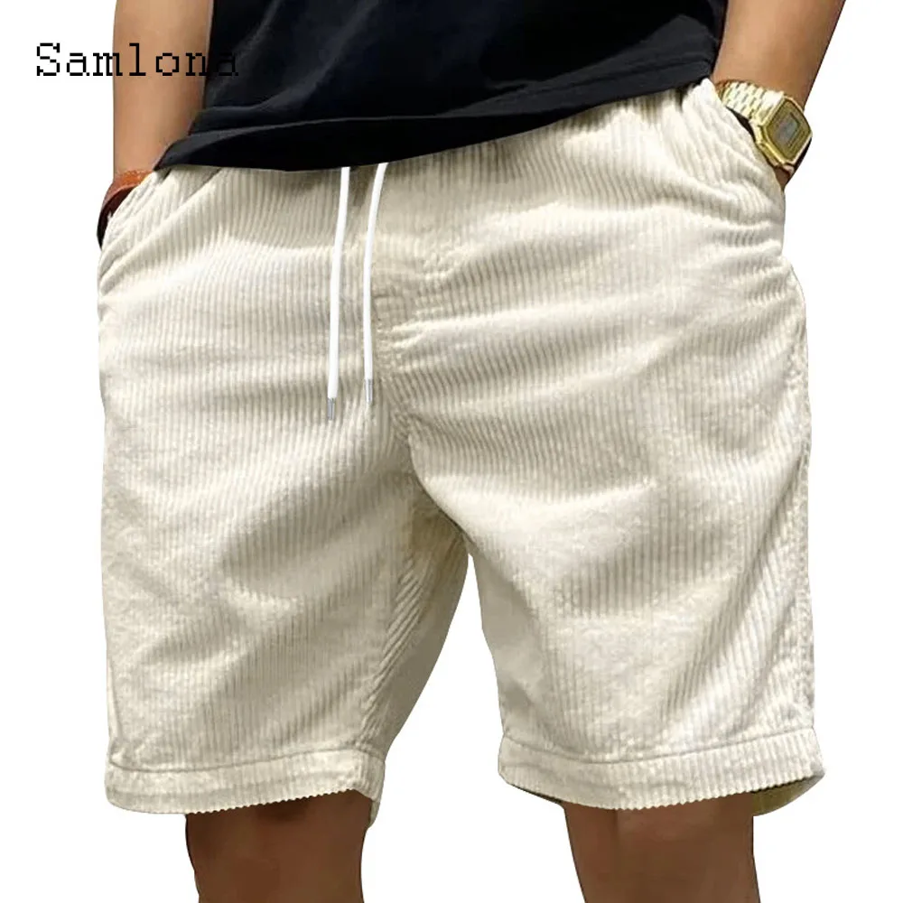 2024 European Style Men Casual Corduroy Beach Shorts Men\'s Stand Pocket Classic Basic Shorts Apricot Yellow Soft Half Pants New