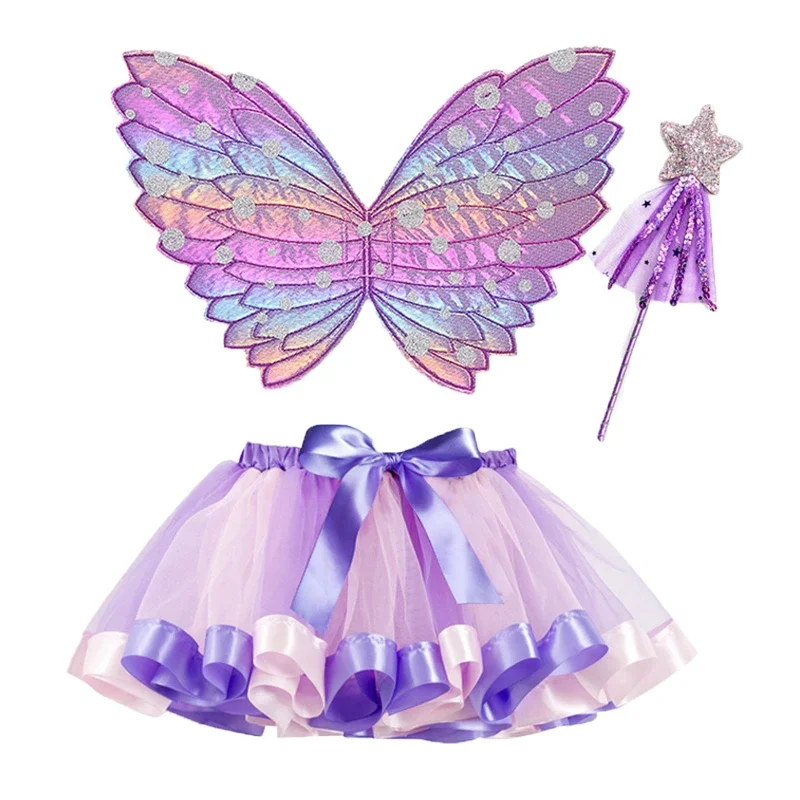 Girls Tutu Skirt Wing Princess Ballet Skirts Tulle Rainbow Colorful Wing Wand 3 Piece Prom Party Performance Costume Outfit