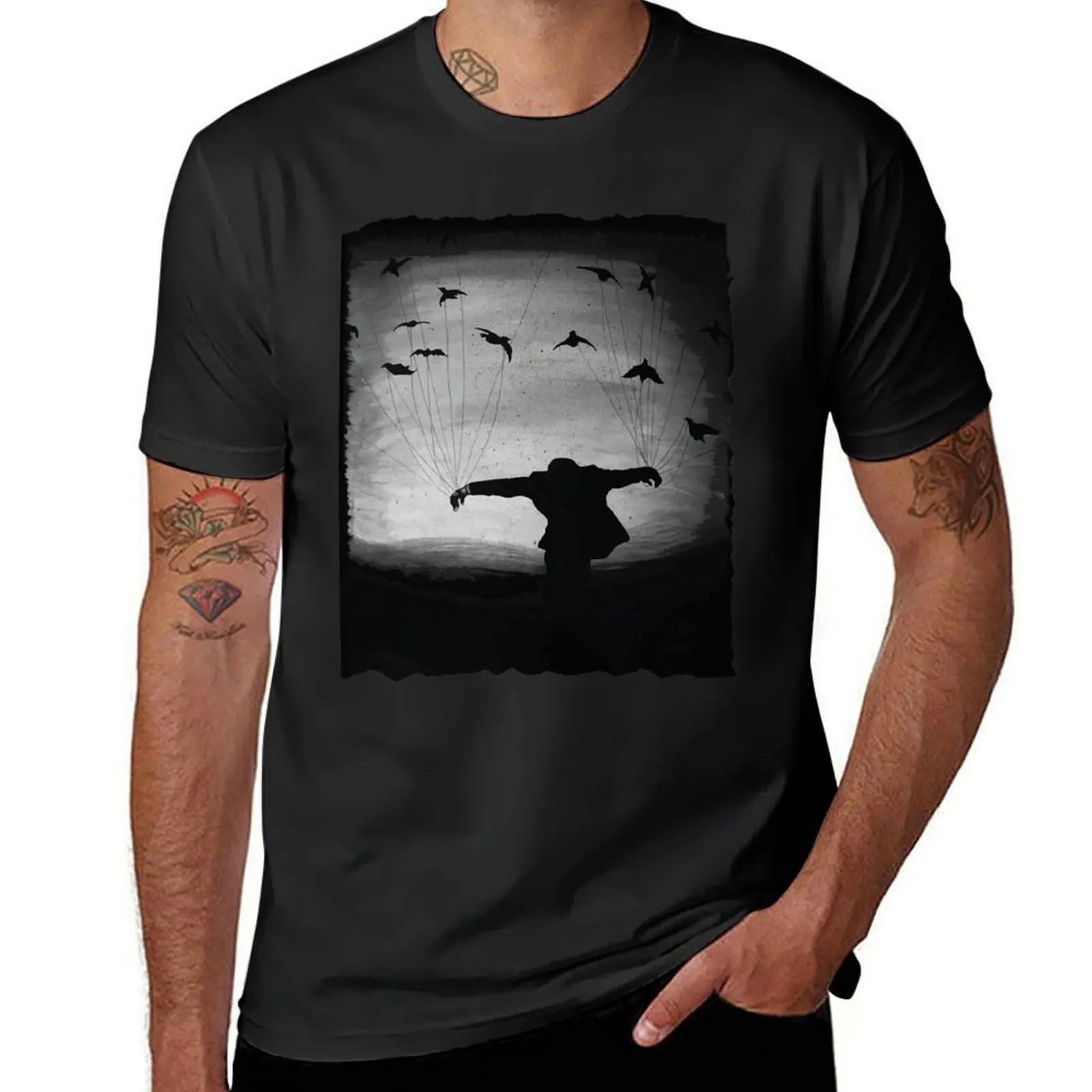 

Man In flight with ravens T-Shirt Aesthetic clothing oversizeds plus size tops customizeds mens big and tall t shirts