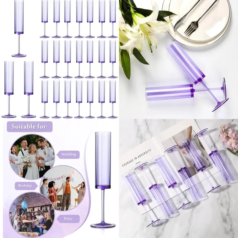 

Purple Acrylic Champagne Flutes - Set of 24 Reusable 5.4 oz Pastel Colored Plastic Stemmed Wine Glasses for Elegant Occasions