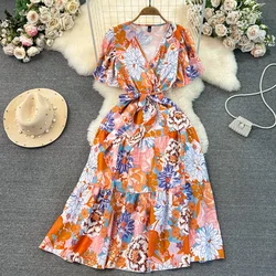 2026 New Summer Women Floarl Dress Vintage V-Neck Short Sleeve Printed A-Line Elegant Midi Vestidos Female Casual Robe Bohemian