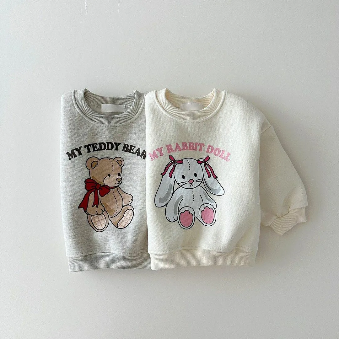 

2025 Autumn New Children Long Sleeve Cartoon Sweatshirt Cute Bear Rabbit Print Boys Girls Casual Pullover Cotton Kids Clothes