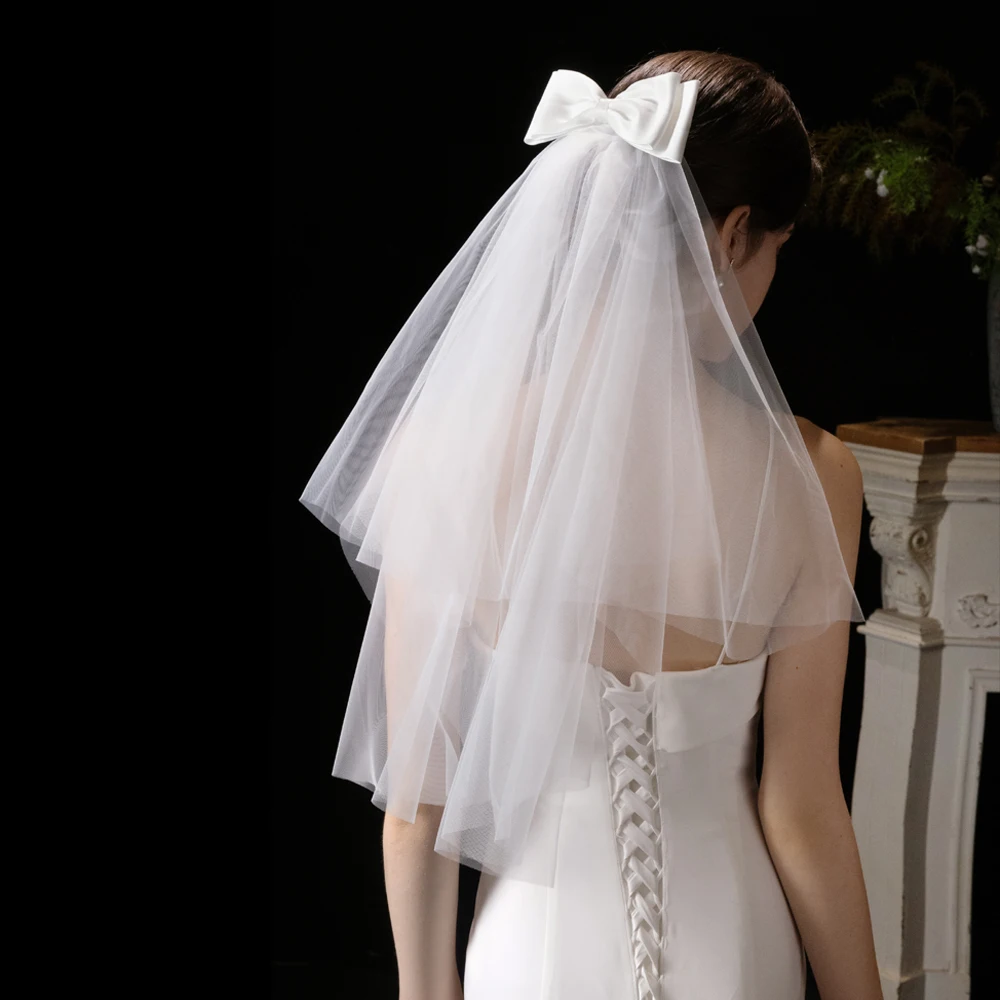 

2T Cheap Wedding Veil With Bow Bridal Veils With Comb Short Customized