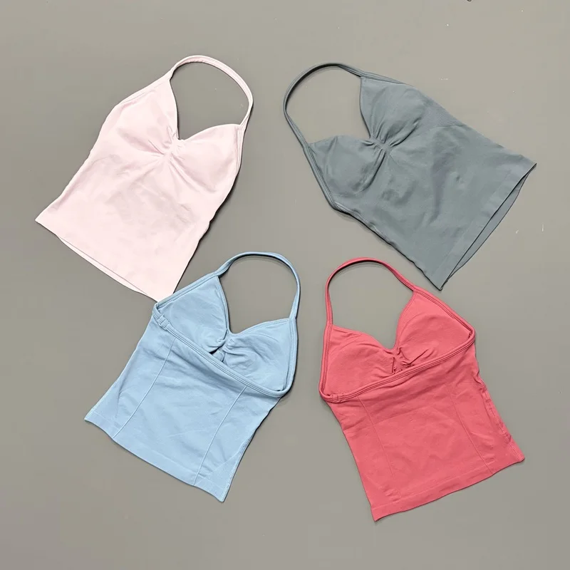 HISTELLO Sports Longline Strappy Top Women Halter Removable Pads High Elastic Support Lift Hip Shaping Fitness Sports Top
