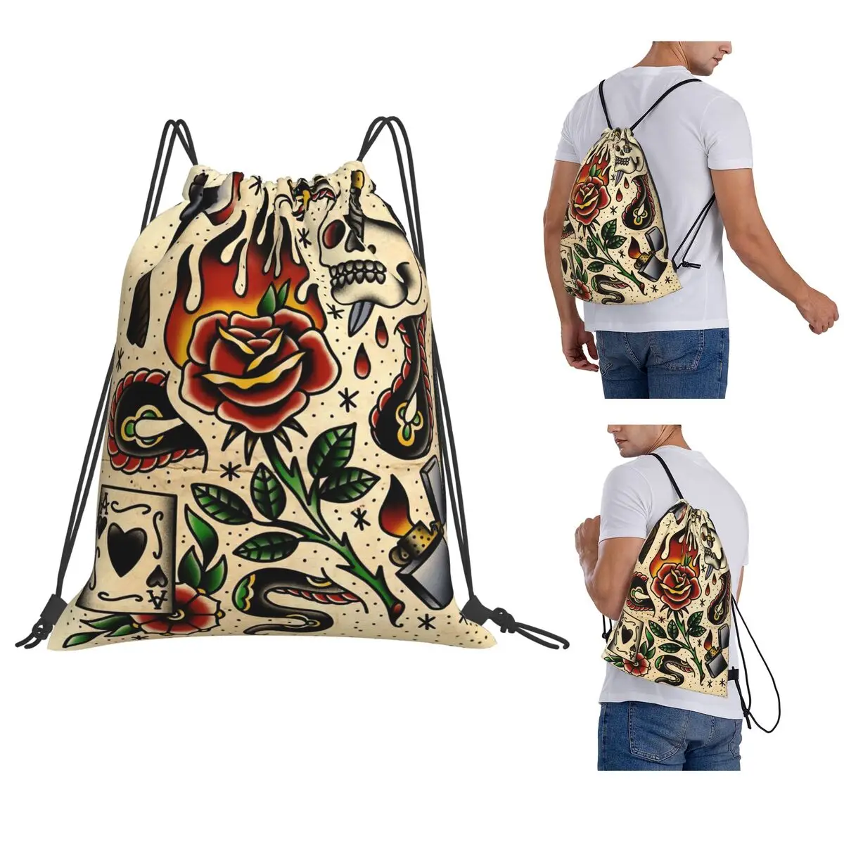 American Traditional Flash Pattern Tattoo Backpacks Portable Drawstring Bundle Pocket Sundries Bag Book Bags for Travel Students